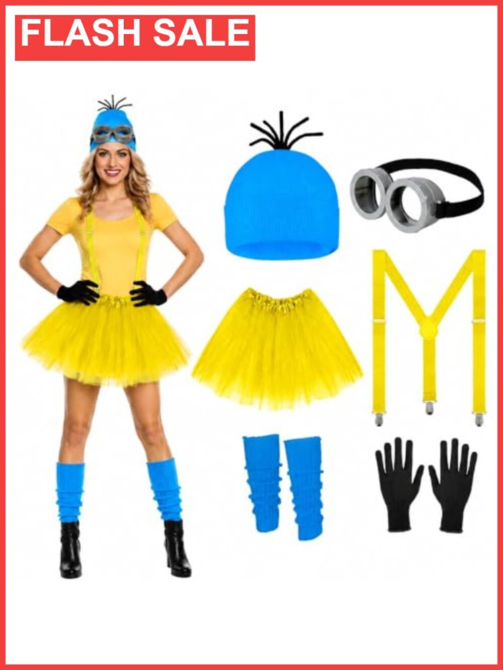 6 Pc Women's Halloween Costume Accessory Set, Beanie Goggles Tutu Suspenders